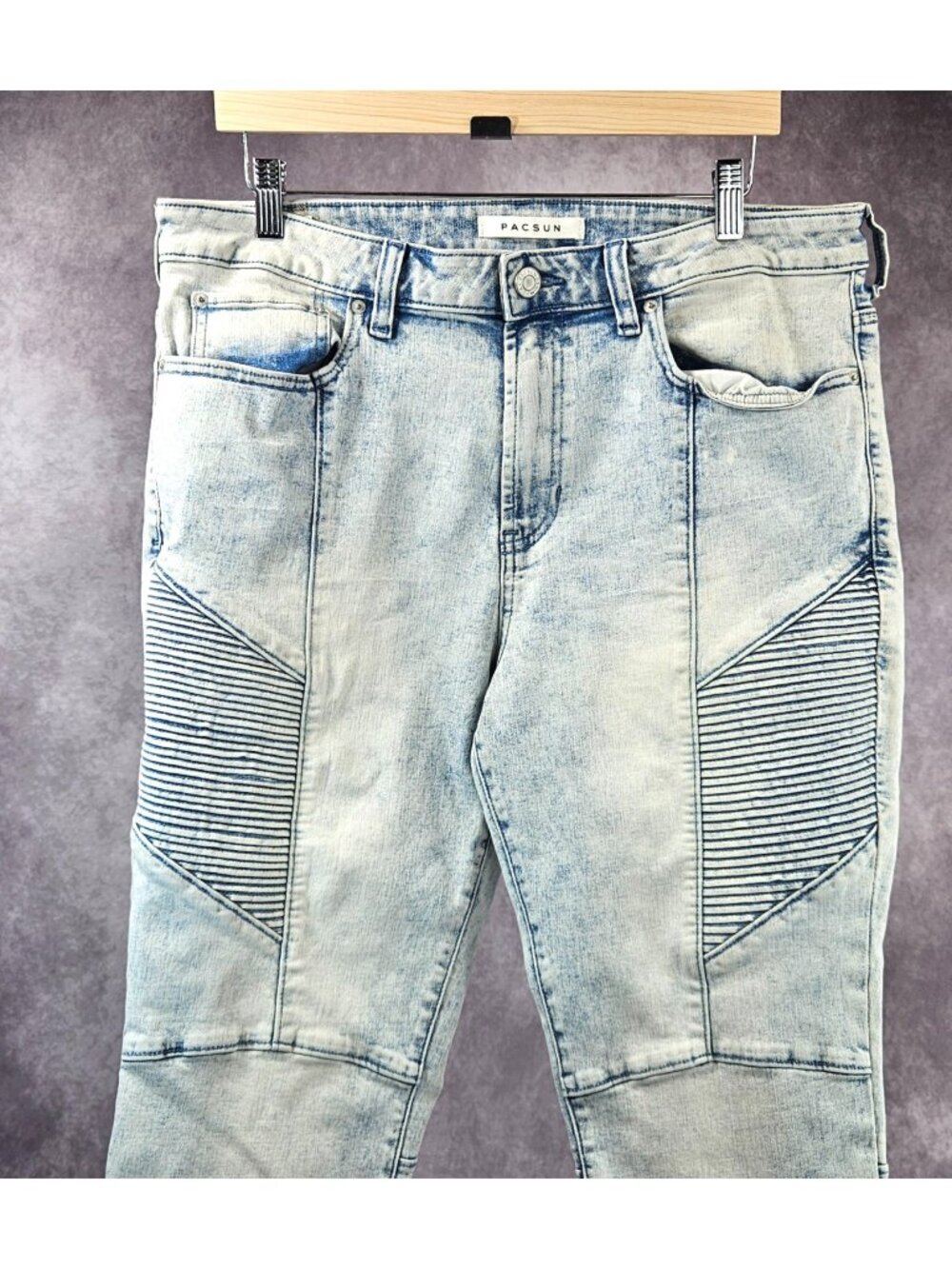 PacSun Stacked Skinny Jeans Men 34x32 Light Wash Moto Stretch Denim Pants VTG - Picture 7 of 12